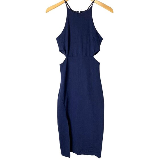 Womens Soprano Navy Midi Dress Cutout S Jr Sleeveless Halter Slit 7532 NWOT - Picture 2 of 9